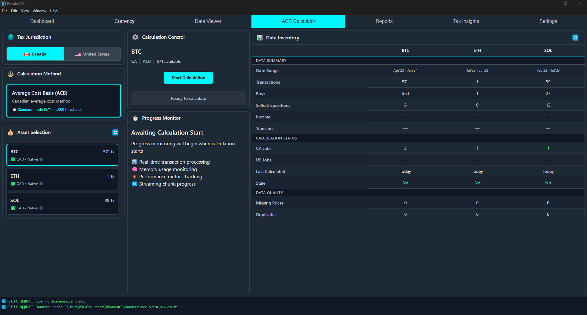 PrivateACB ACB Calculator Interface - Dashboard and Data Inventory