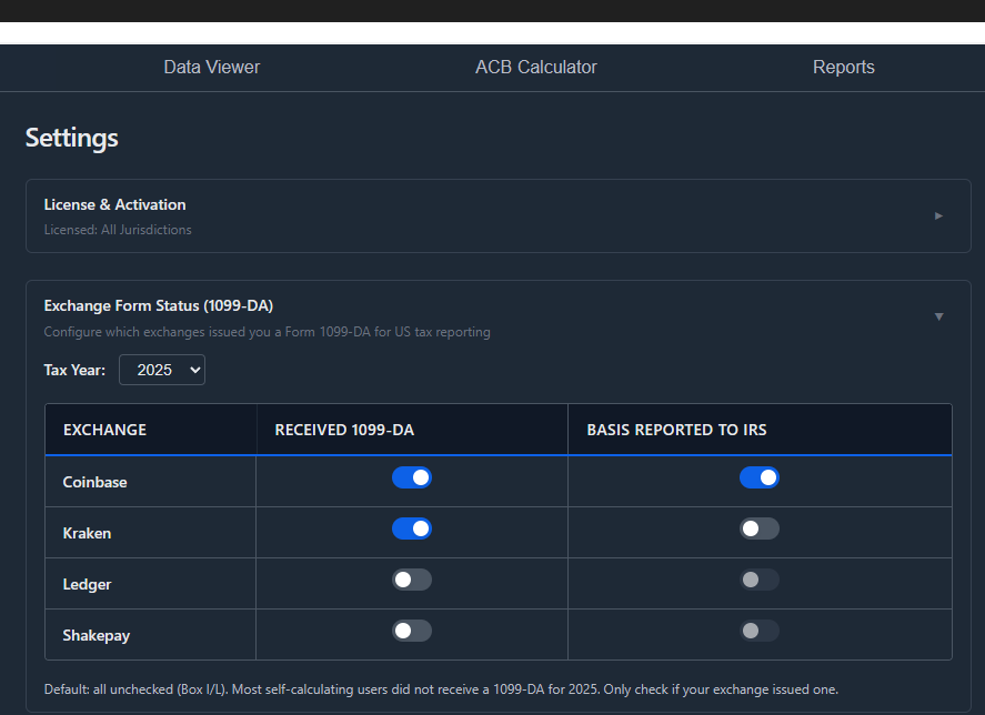 Exchange 1099-DA Checkboxes