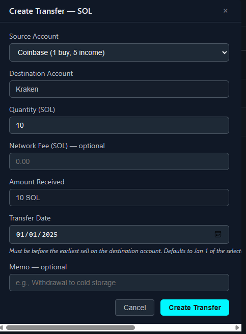 Create Transfer Dialog