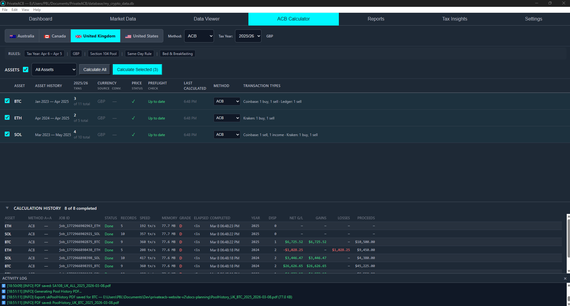 ACB Calculator — UK Section 104 selected, all 4 jurisdictions visible (AU, CA, UK, US), calculation history with gains and losses