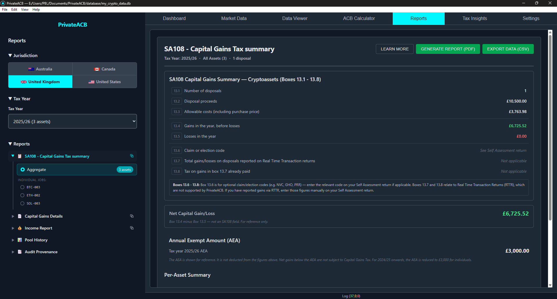 SA108 Capital Gains Tax Summary — UK report viewer showing HMRC boxes 13.1-13.8, net capital gains, and Annual Exempt Amount