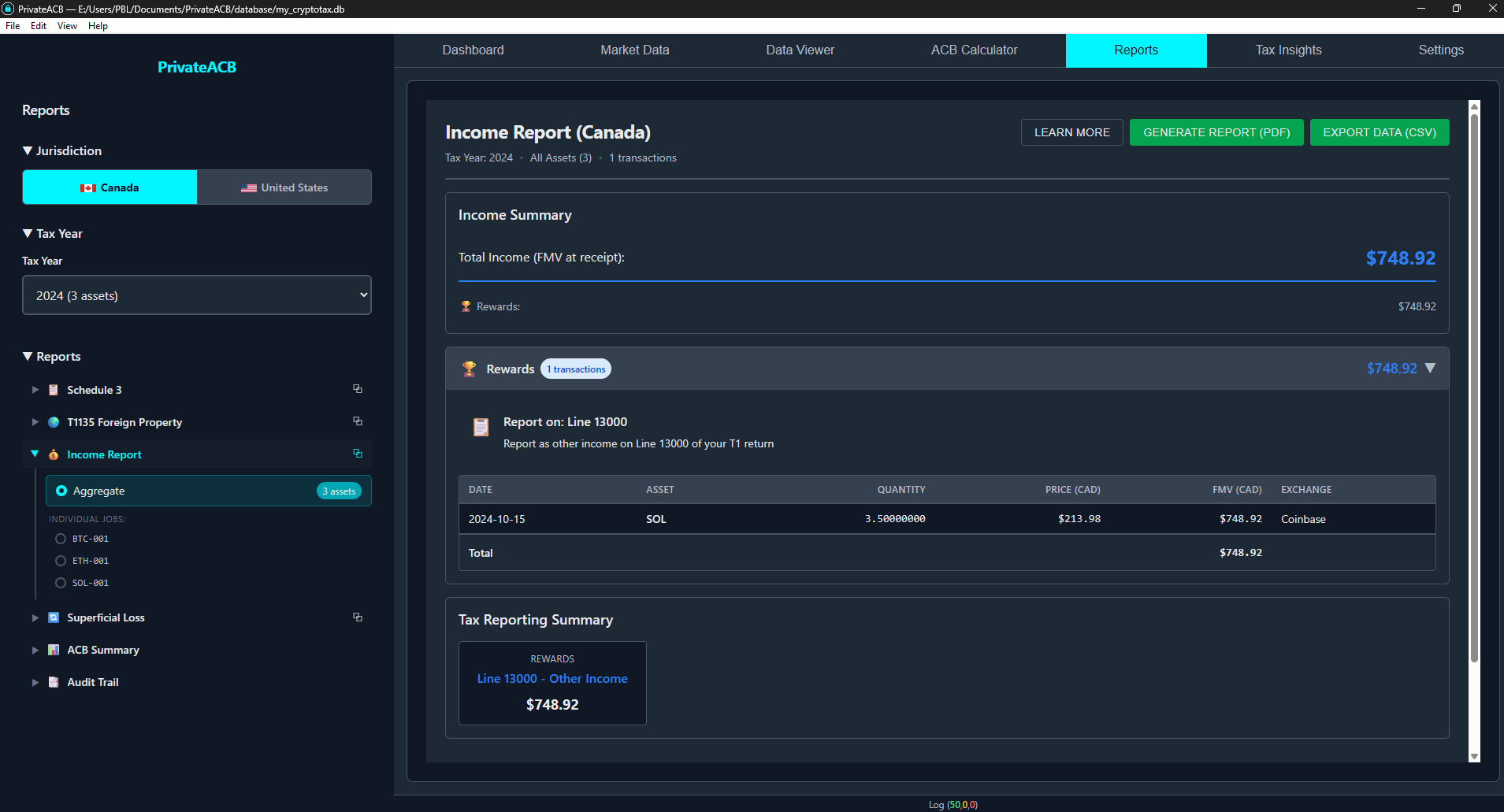 Income Report (Canada) — staking rewards with FMV
